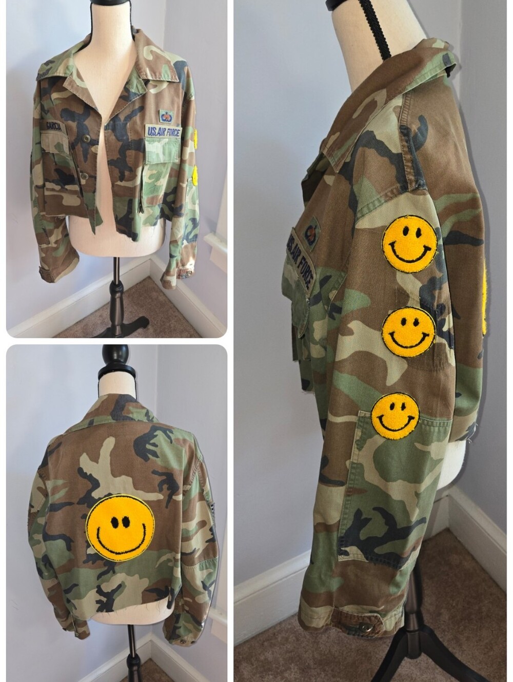 Sojara Upcycled Cropped Camo Military Jacket Smiley Patch Large NWT Unique
